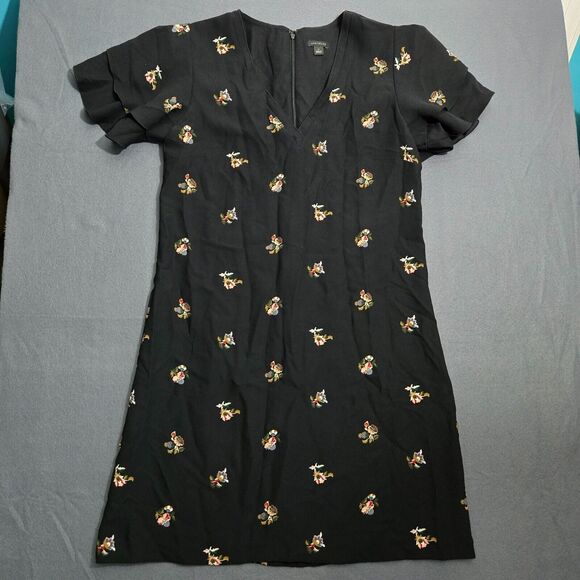 Ann Taylor Women 4 Black Floral V Neck Zipper Back Flutter Sleeve Shift Dress - Picture 1 of 11